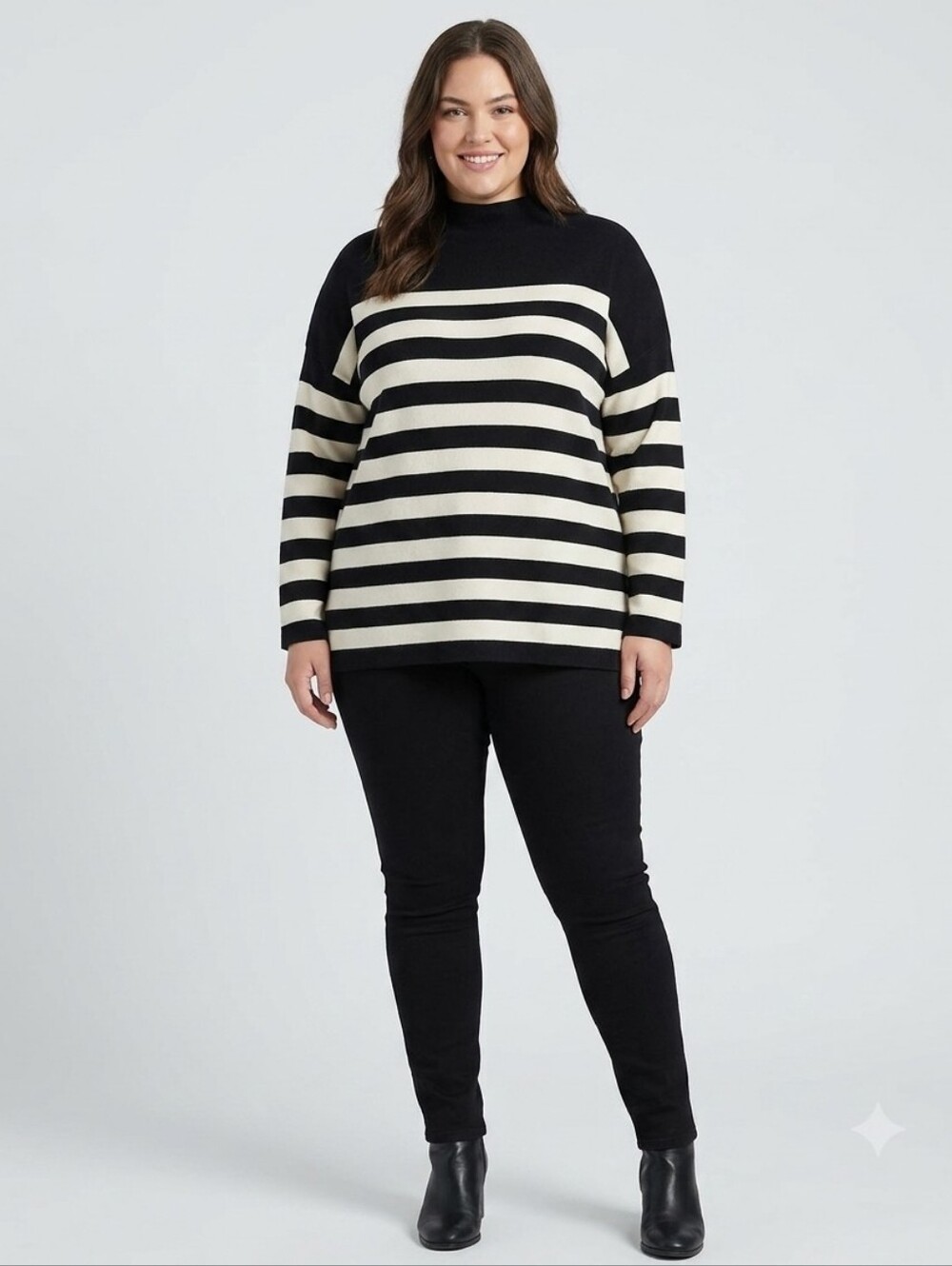 Max Studio Woman Black & White Striped Mockneck Sweater